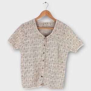 Vintage Reba Rose Knit Button Up Top Women's Large Made in USA Short Sleeve